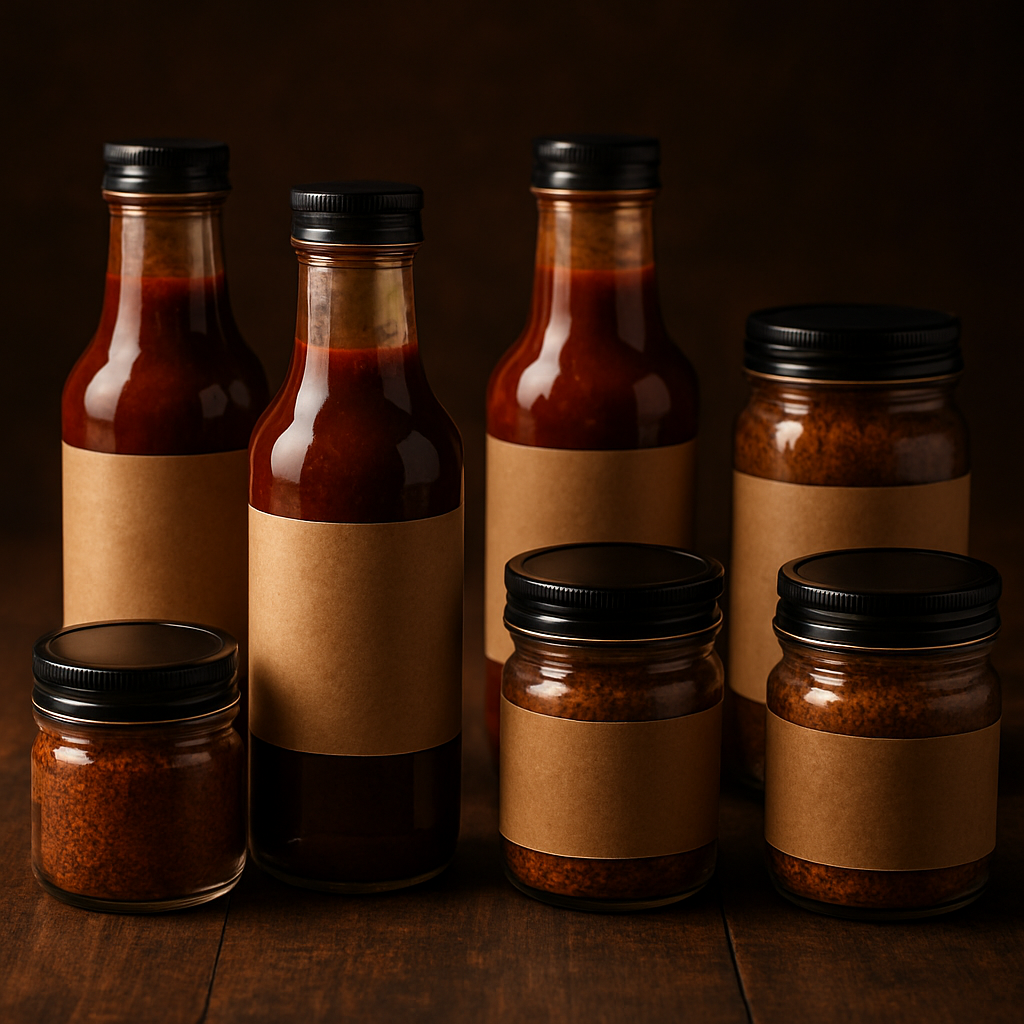 Artisan BBQ sauces and rub jars